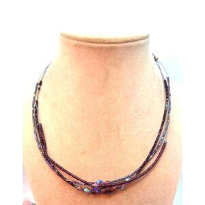 Multilayer Seed Beaded Necklace On Wire, Purple, Blue Iridescent Colors -16"